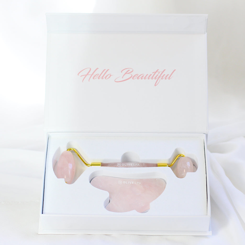 Rose Quartz Roller + Gua Sha Set